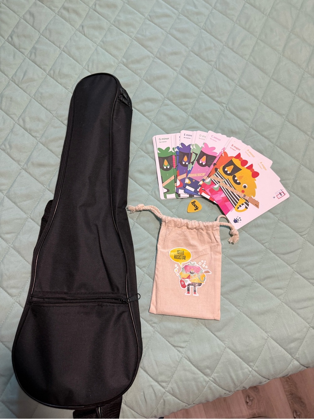 Kids Black Ukulele Gig Bag with Pink Drawstring Accessory Pouch